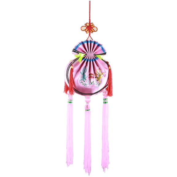 drdong-Handmade Silk Ribbon Sachet, Palace Lantern, Embroidery Art Craft for Home Decoration-Small and Pink