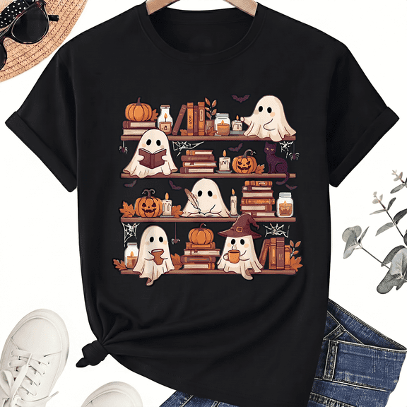 KeHetSoft Unisex Halloween Ghost Bookshelf Cotton Graphic T-Shirt