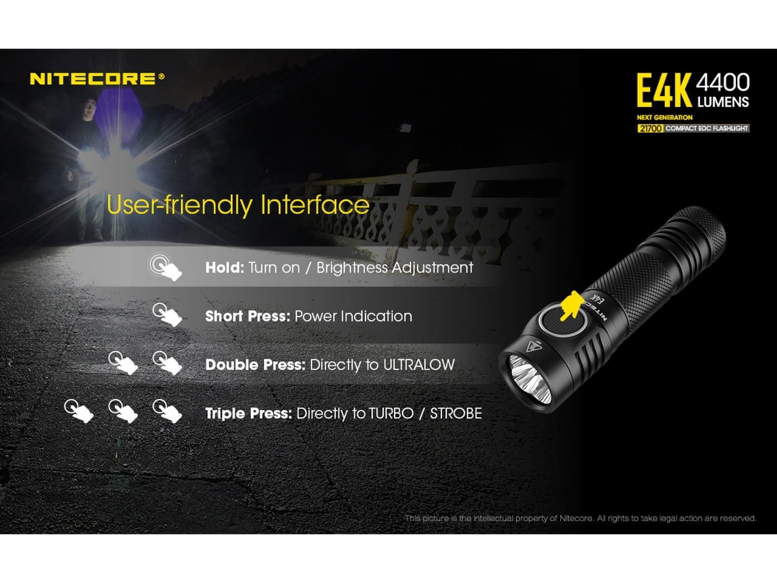 Nitecore E4K Black Water Resistant 4.63" Compact EDC Flashlight
