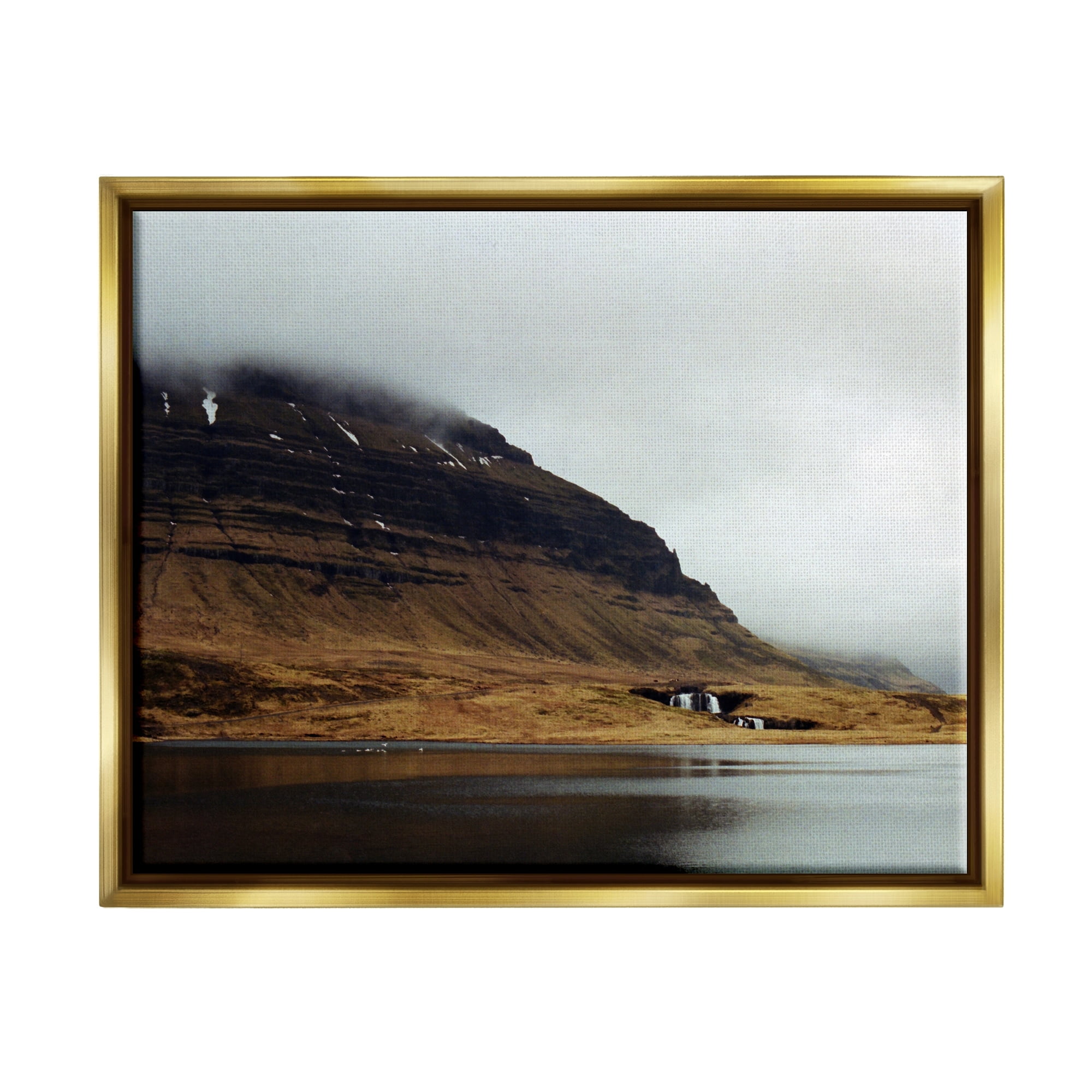 Stupell Industries Lake Side Cliffs Looming Fog Plateau Landscape Photograph Metallic Gold Floating Framed Canvas Print Wall Art, Design by Lynann Colligan