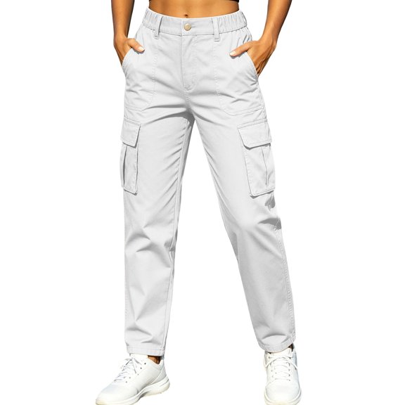 Dagugfen Cargo Pants for Women Straight Slim Leg Elastic Waist Outdoor Activewear Hiking Camping Pants with Multi Pockets(XL,White)