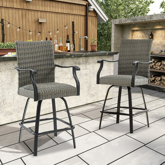 Iwicker Patio Rattan Bar Stools Outdoor Swivel Bar Stools Patio Height Chairs with Padded Seat, Set of 2
