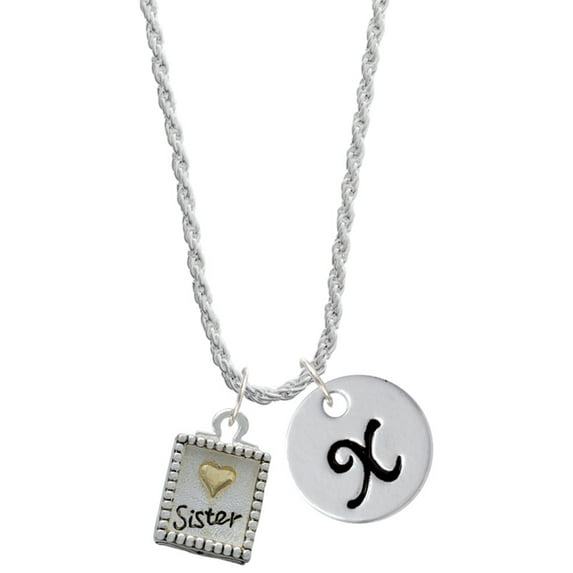 Delight Jewelry Shadow Box ''Sister'' with Goldtone Heart Silvertone Script Initial Disc - X - Charm Necklace, 20"+3"