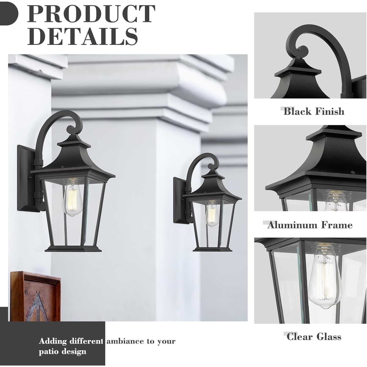 Emliviar Outdoor Wall Lantern, 18" Exterior Wall Mount Light with Clear Glass in Black Finish, 500181