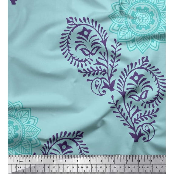Soimoi Satin Silk Fabric Paisley,Leaves & Floral Mandala Block Decor Fabric Printed Yard 42 Inch Wide