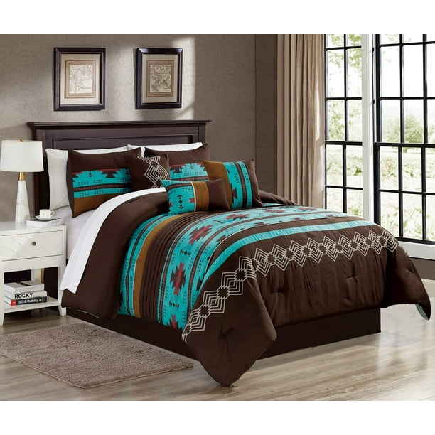 7 Piece Western Southwestern Design Comforter Set Multicolor TEAL Coffee Brown Embroidered KING