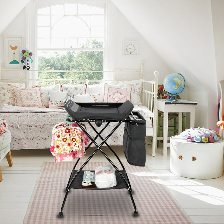 JOYMOR 2 in 1 Foldable Baby Diaper Changing Table with Wheels Portable Nursery Dresser Organizer Black