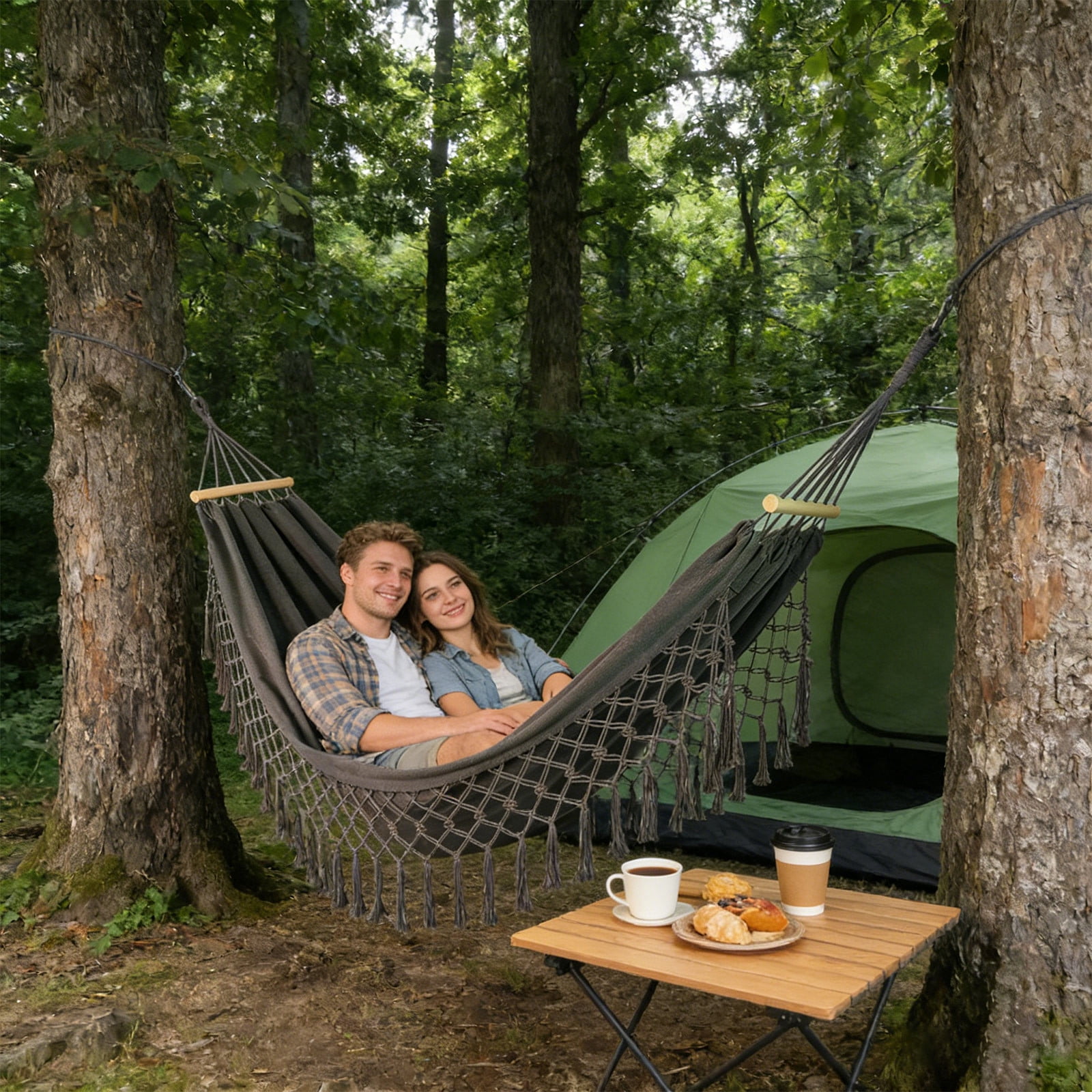 Double Camping Hammock, Anti Tip Fringe Tassel Canvas Bed, Heavy Duty Outdoor Swing, Portable Garden Hammock for Backyard Patio Porch Home Travel Use