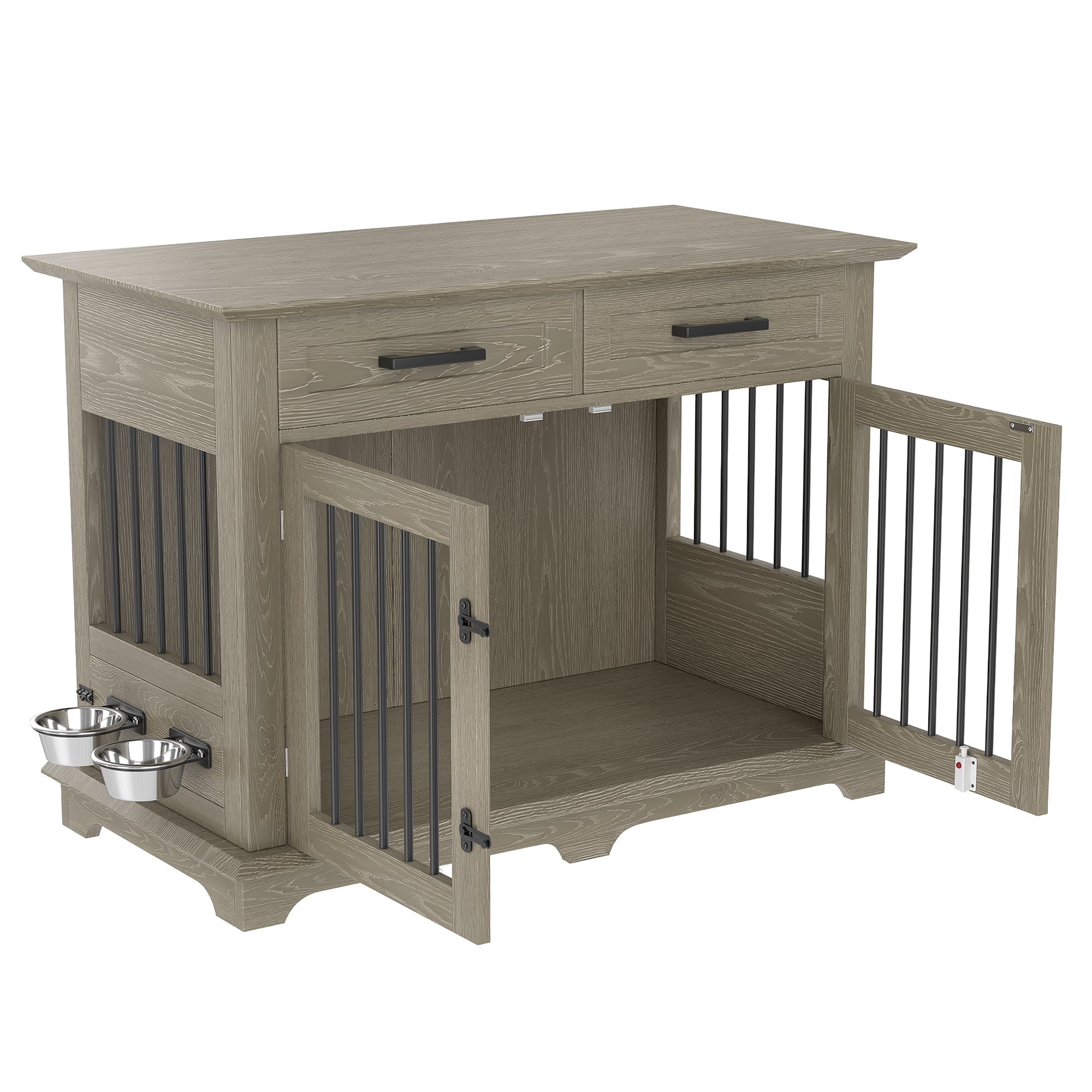 44.48" Large Dog Crate Furniture, Indoor Wooden Dog Kennel End Table with 2 Storage Drawers and Rotating Bowls, Decorative Pet Cage Dog House for Medium Dogs, Gray