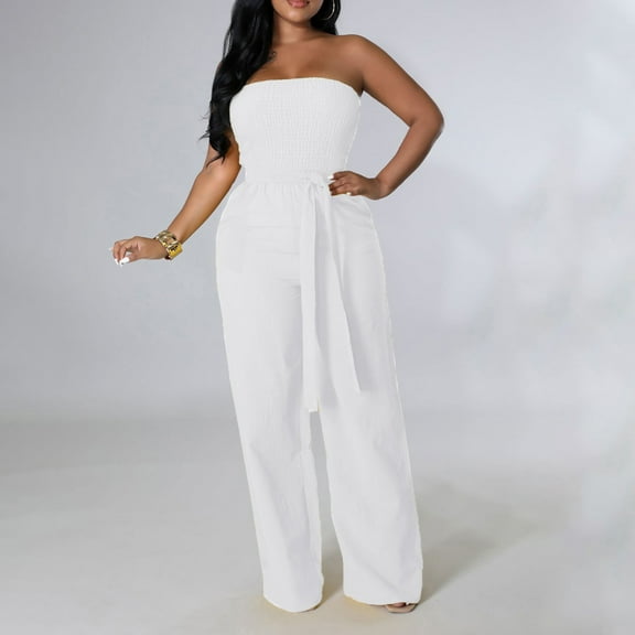 ZAZYULZ Dressy Jumpsuits for Women Women's Casual Off Shoulder Smocked Solid Color Strapless Belted Wide Leg Jumpsuit Romper With Pockets(White,Xxl)