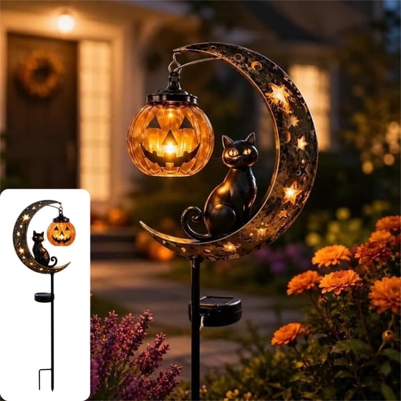 Pumpkin Moon Garden Stake Light and Halloween Solar Black Cat, Warm White, for Porch, Garden, Pathway and Yard