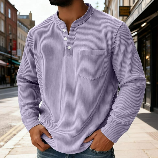 pstuiky Camisas de manga larga abrigadas para hombre, Camiseta informal de manga larga con botones y cuello alto de color liso para hombre Tops de hombre xxxxl