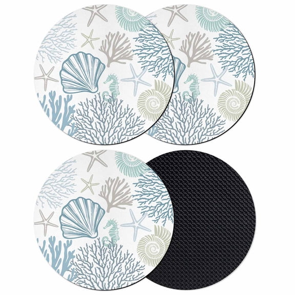 Light Blue Coastal Coasters Set of 4, Summer Beach Coral Shell Starfish Absorbent Coasters for Drinks, Coaster for Bar Office Dining Coffee Table Accessories Decor, Non Slip Round Desk Coaster