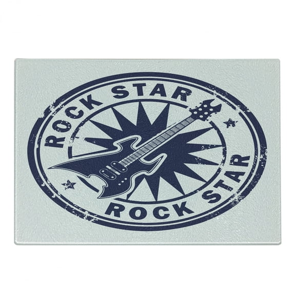Rock Music Cutting Board, Vintage Logo Design Guitar and Sun Pattern Grunge Stamp Monochrome Illustration, Decorative Tempered Glass Cutting and Serving Board, Small Size, Cobalt Blue, by Ambesonne