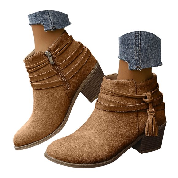Mepaouo Women's Ankle Boots Classic Round Toe Low Chunky Heel Side Zipper Tassel Suede Booties Shoes