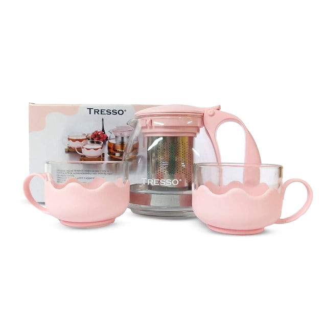 Tresso Set de tetera de vidrio de 700ml con dos tazas de 150ml cada una, color rosa