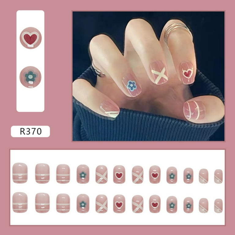 Press on Heart Pattern Fake Nail Nude Pink Fake Nail with Heart Flower Line  Design for Girlfriends Sisters Wife Friends as Gift 