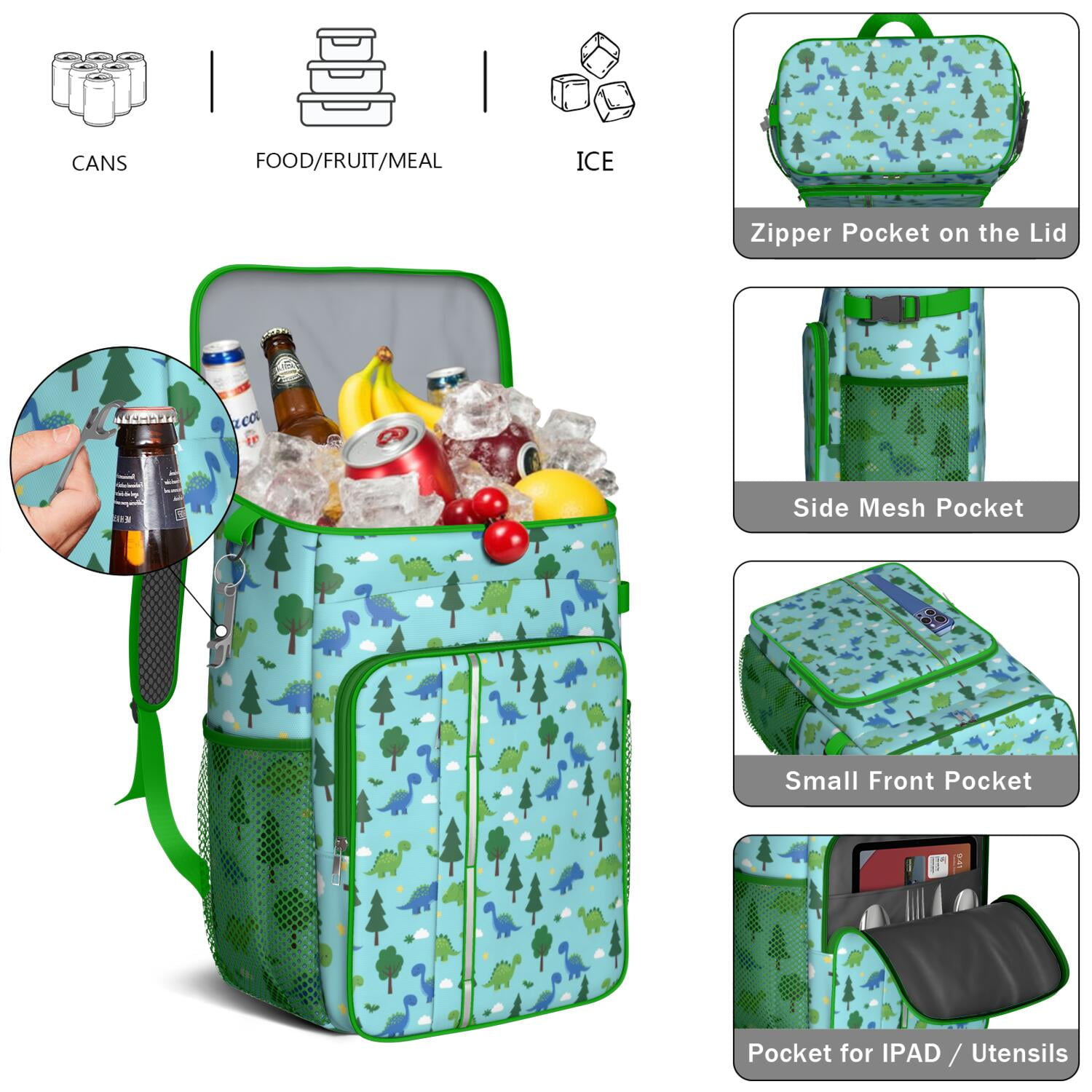 Travel Cooler Bag - Light Blue Dinosaurs Forest Pattern Camping Beer Cooler Backpack with Bottle Opener- Waterproof Insulated Picnic Backpacks - Cooler Bag for Beach