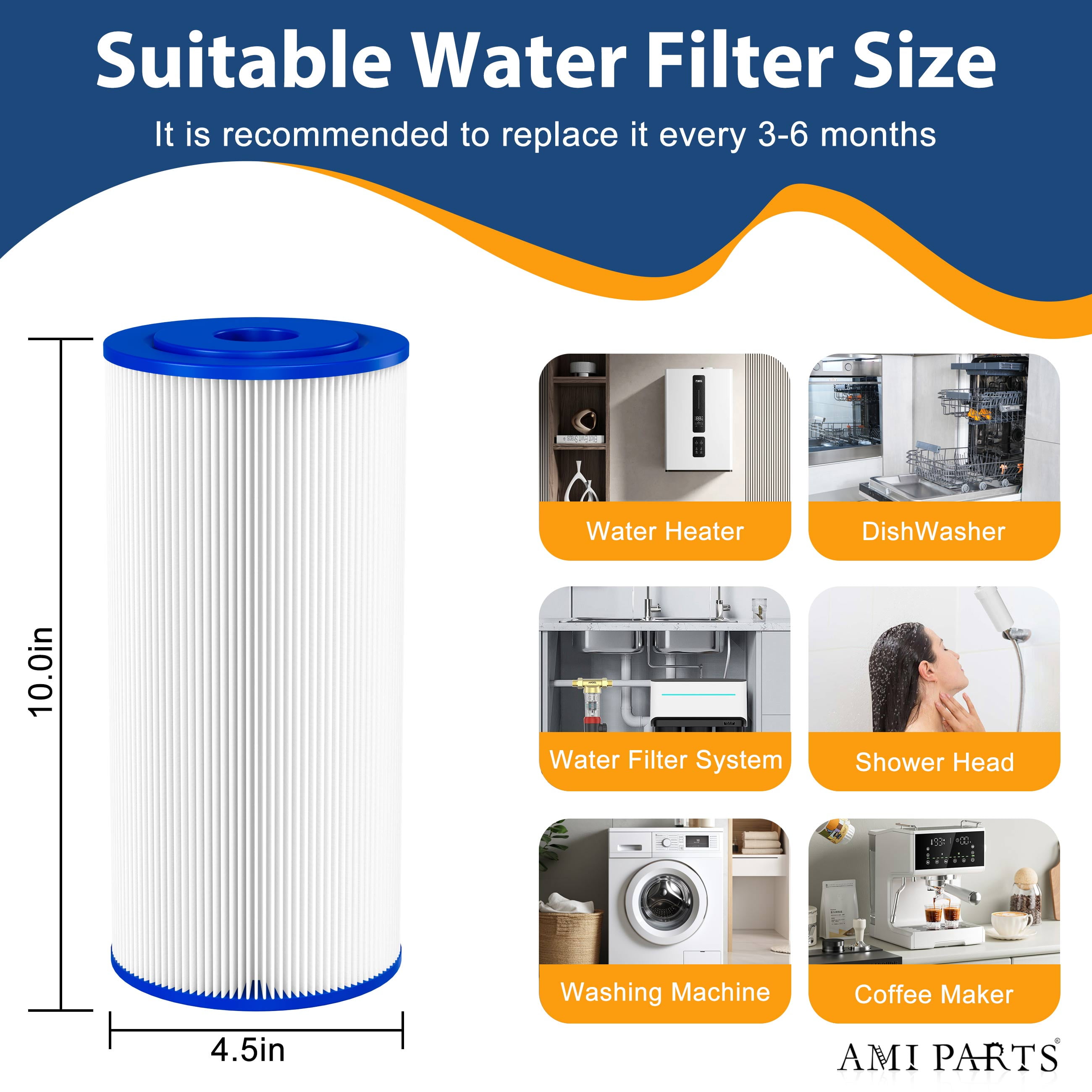 AMI PARTS 5 Micron 10" x 4.5" Whole House Pleated Sediment Filter for Well Water,American Plumber W50PEHD, W10-PR, Culligan R50-BBSA