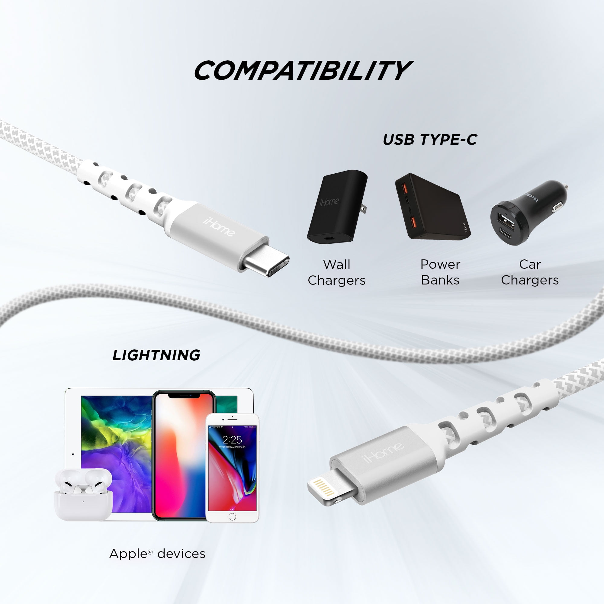iHome Nylon Braided Lightning to USB-C Cable, White, 6'