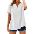 thumbnail image 3 of LIUJUNSHOP Casual Cotton Linen Tshirts Shirts for Women Loose Fit V Neck Short Sleeve Plain Button Up Blouses Ladies Summer Tops, 3 of 9