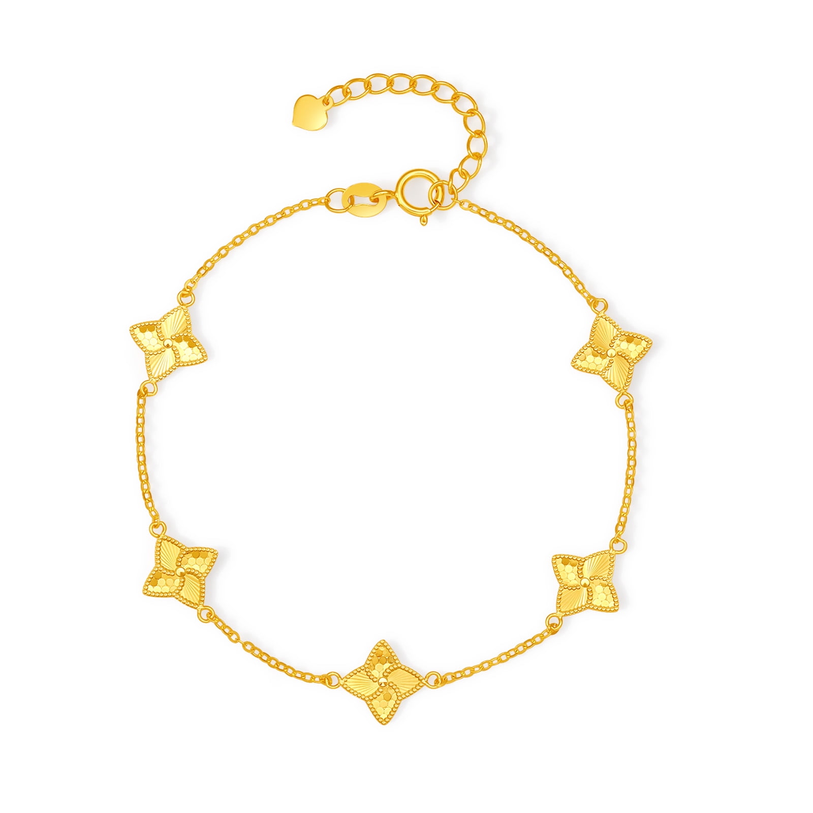ZHOU LIU FU 18K Yellow Gold Four-Leaf Clover Charm Bracelets Four-Pointed Star Shaped Leafs Dainty Jewelry for Women Mom Daughter Lover 6.3-7.5inch