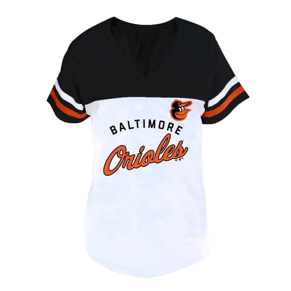 Women's Profile White/Black Baltimore Orioles Plus Size Two-Stripe V-Neck T-Shirt