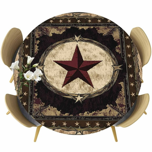 Western Stars Brown Fitted Tablecloth with Elastic Edged, Round Table Cloth for Dining Table, Farmhouse Country Vintage Wood Grain Waterproof Oil Proof Table Cover for Indoor Outdoor 55"-60"