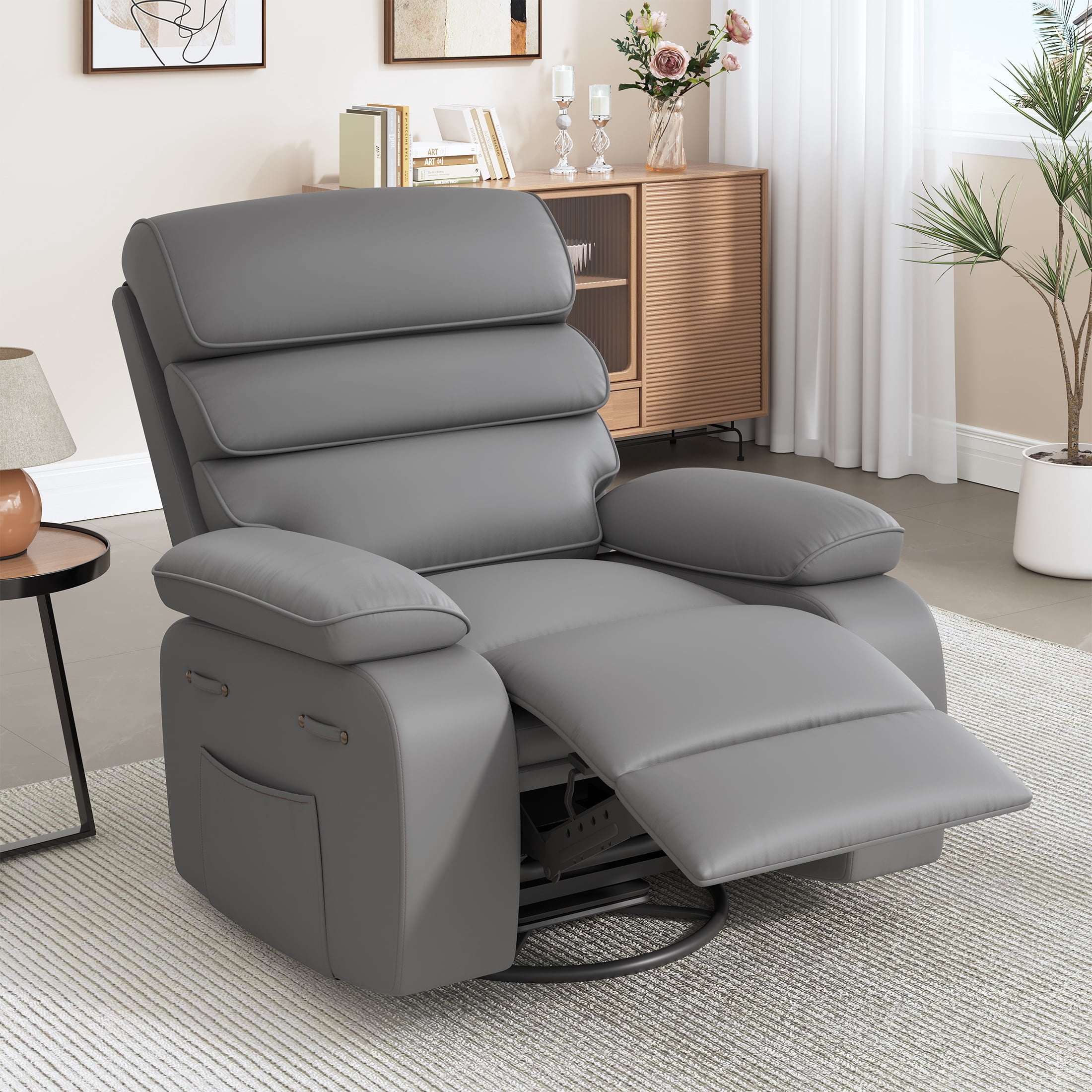 Techmilly Oversized Swivel Rocker  Recliner Chair with Heat and Massage, Adjustable Recline for Living Room,PU Leather (Light Grey 35" Seat Width)