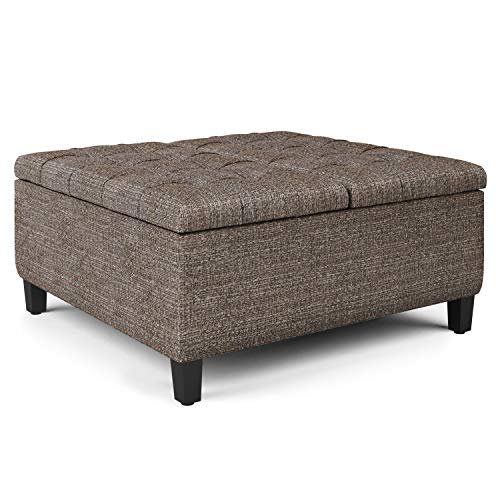 SIMPLIHOME Harrison Ottomane de Rangement Carrée pour Table Basse de 36 Pouces de Large avec Dessus Relevable, Tabouret Repose-Pieds Cocktail en Tissu Tweed Capitonné Brun Vison Rembourré pour le Salon, Traditionnel
