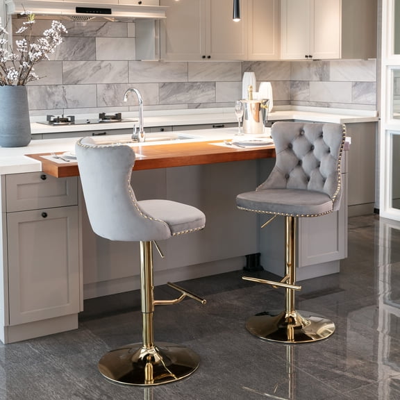Xukmct 2 PCS Swivel Upholstered Velvet Bar Stools with Metal Frame, Adjusatble Height 25-33" Barstools for Home, Bar, Dining Room, Gray