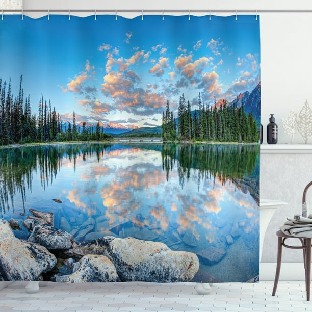 Nature Decor Shower Curtain, Long View of Golden Sunrise Skyline at