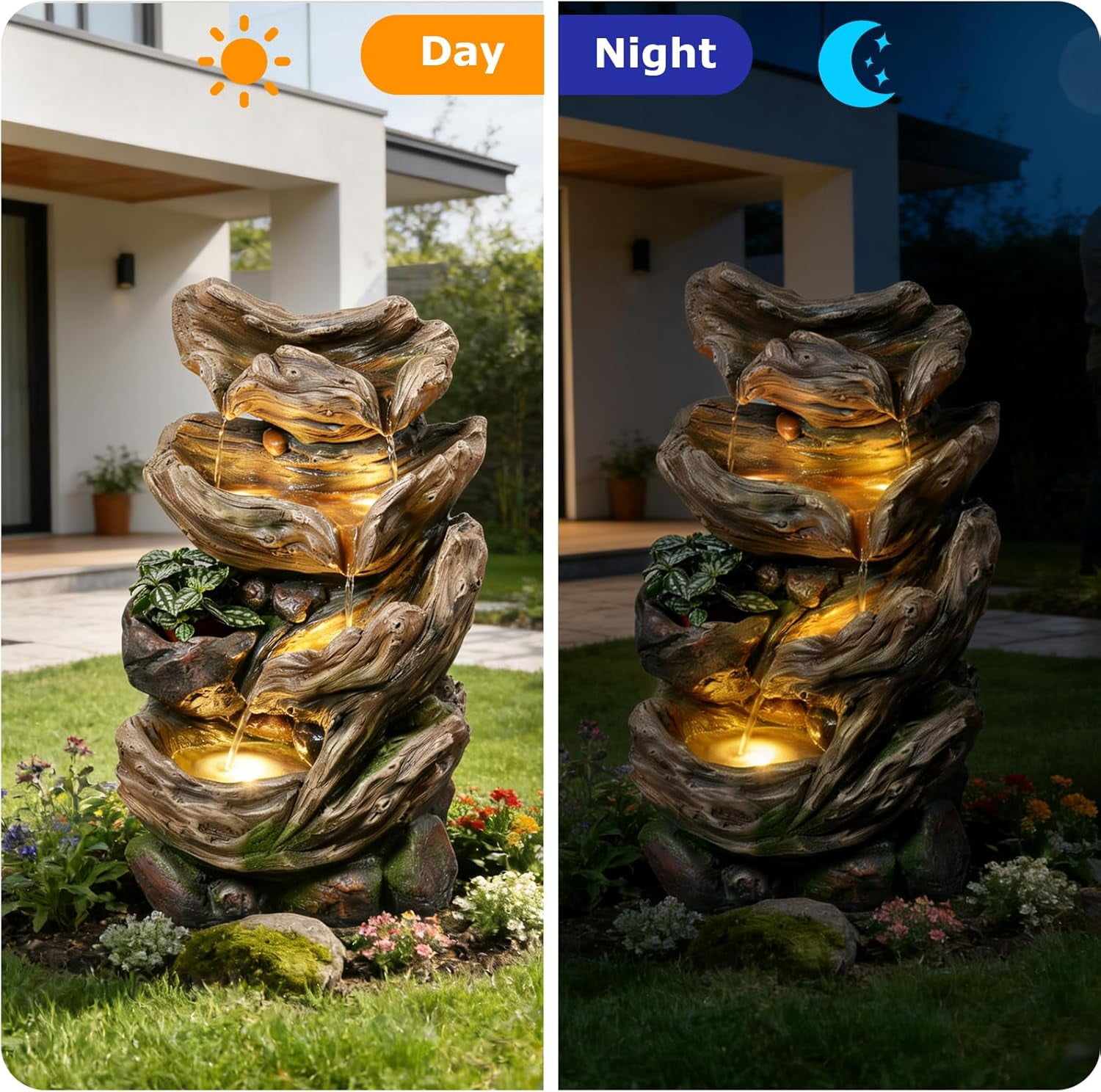 4-Tier Cascading Outdoor Water Fountain, 25.2" H Realistic Tree Trunk Garden Waterfall Fountains for Outside, Water Fountain Outdoor with Lights for Patio, Yard, Deck, Porch and Home Decor