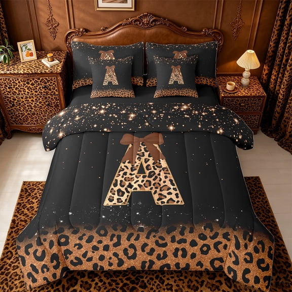 jejeloiu Classic Leopard Monogram A 7-Piece Twin Bedding Sets For Girls,Brown Bow Glitter Print Initial Bedding Comforter Set For Kids,Black Reversible