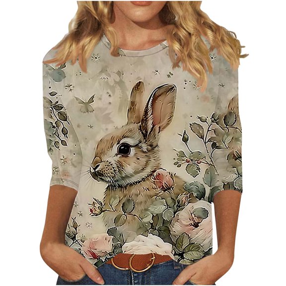 Women Happy Easter's Day Round Neck Tops Cute Rabbit Graphic Sweatshirts Casual Animal Printed Pullover Tops Multicolor XXXL