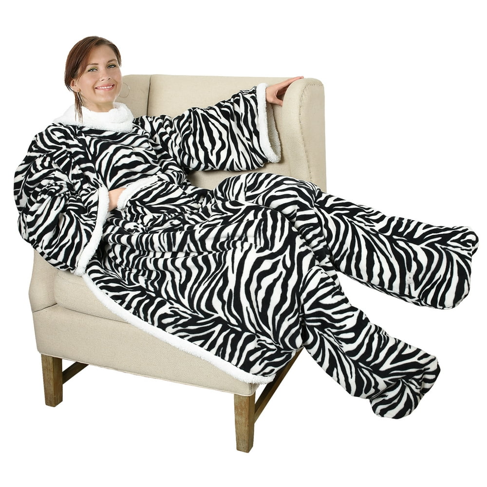 Sherpa Wearable Blanket with Sleeves & Foot Pockets for Adult Women Men