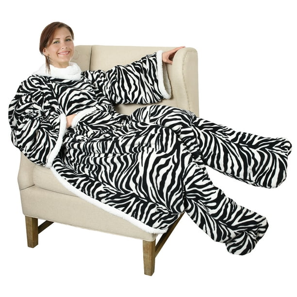 Sherpa Wearable Blanket with Sleeves & Foot Pockets for Adult Women Men