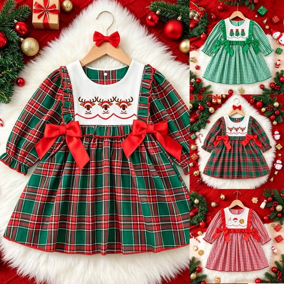 Toddler Girls Long Sleeve Christmas Dress Cute Plaid Ruffle Bow Comfortable Cartoon Embroidery Party Dressy