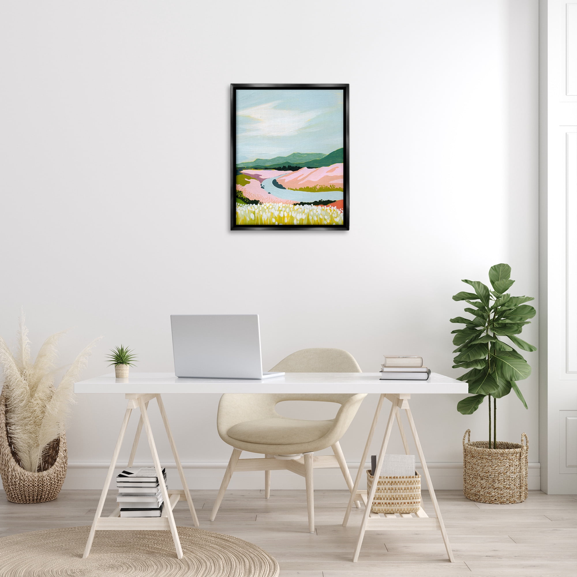 Stupell Industries Pastel Mountain Stream Landscape Painting Black Floater Framed Canvas Art Print Wall Art, 25 x 31