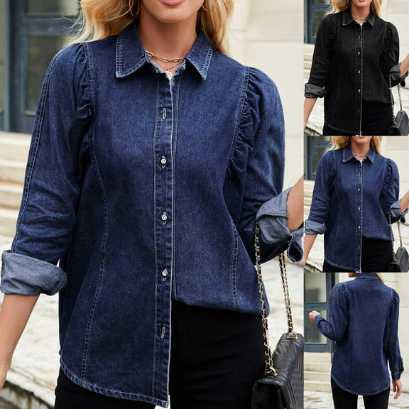 Olyvenn Denim Jackets for Women Casual Collared Long Sleeve Outerwear Trendy Ruched Lightweight Loose Button Down Jean Coat Black S