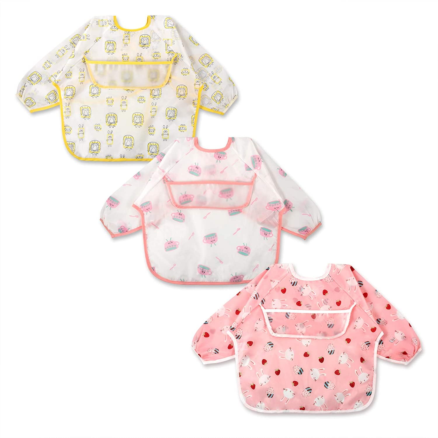 6-24 Months Stain and Odor Resistance Play Smock Apron Toddler Bib with Sleeves and Crumb Catcher 3 Pcs Long Sleeved Bib Set Pack of 3 Baby Waterproof Bibs with Pocket Bundle 