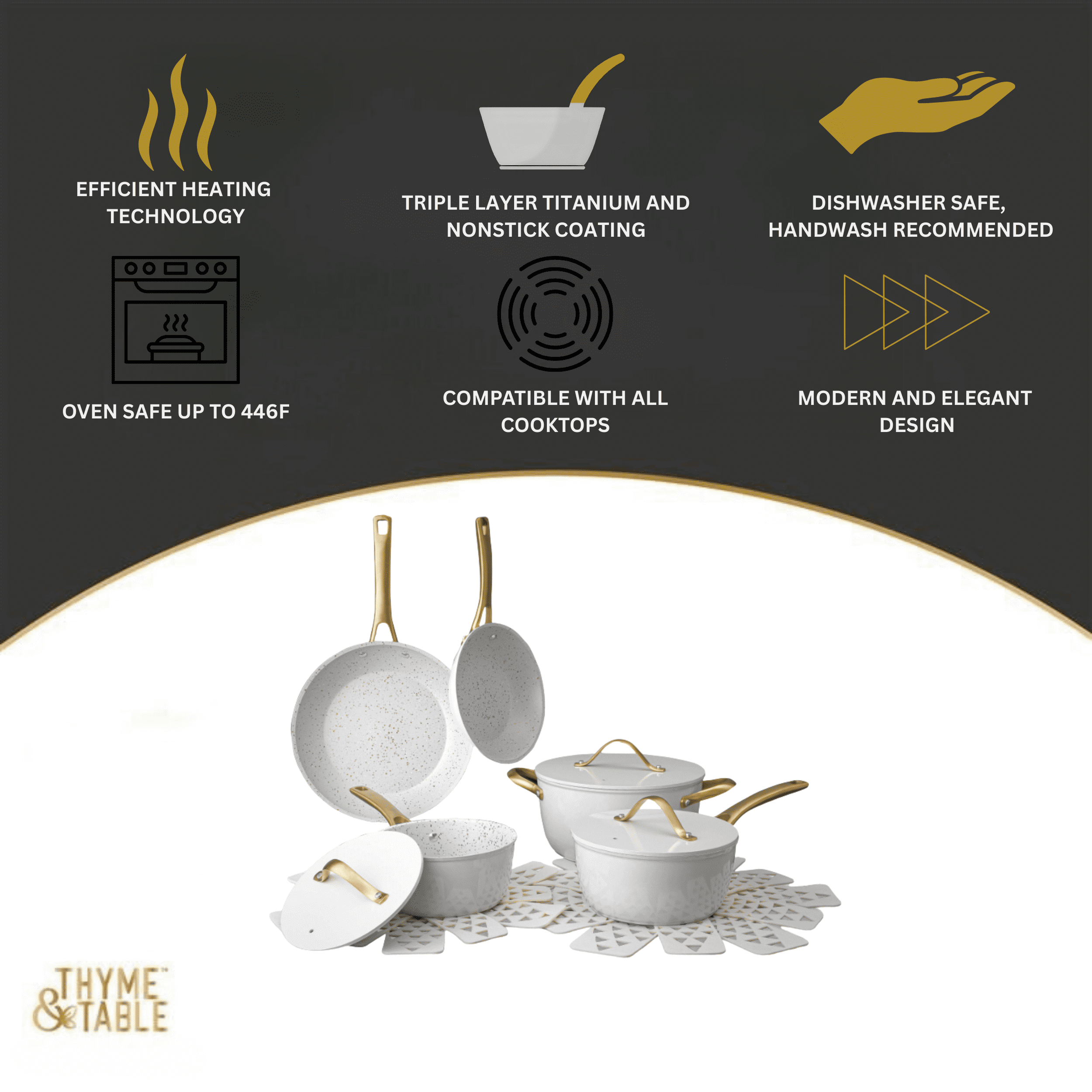 Thyme and Table 12 Piece Nonstick Aluminum Cookware Set, Pots and Pans Set - White