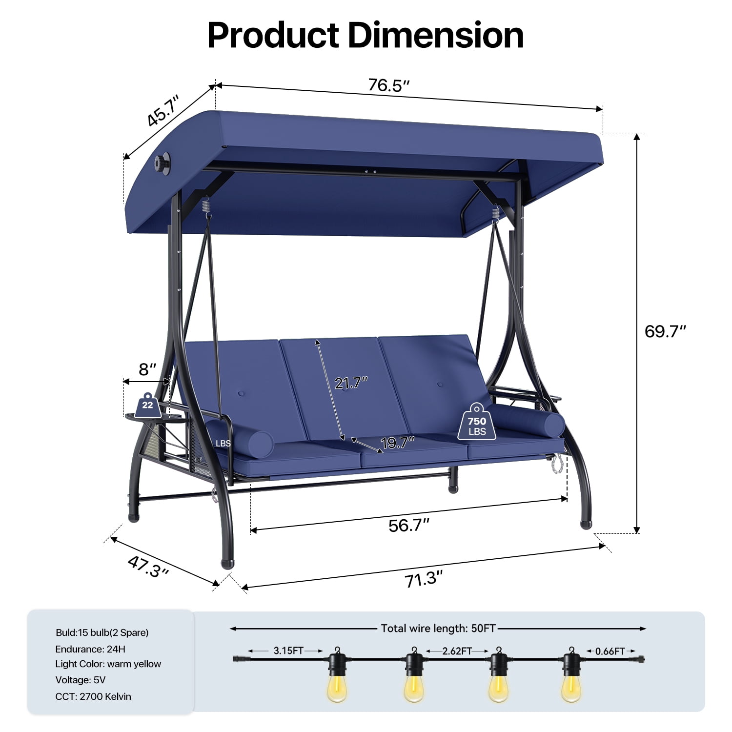 BaPiPro Blue 3-Seat Metal Outdoor Patio Swing with String Lighting, 2-in-1 Convertible Swing Bed, Adjustable Canopy, Removable Cushions & Foldable Side Table for Garden Porch Deck