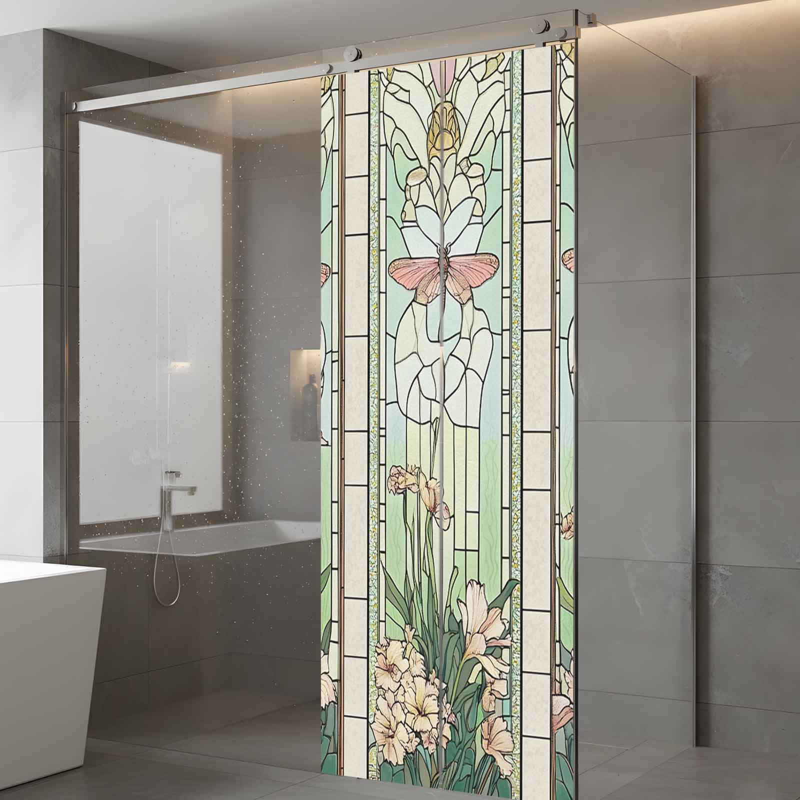 Butterfly Flowers Window Privacy Film, Vintage Stained Glass Green Spring Static Cling UV Sun Blocking Heat Control Window Tint Day and Night, Non-Adhesive One Way Windows Privacy Cover 23.6''x59''