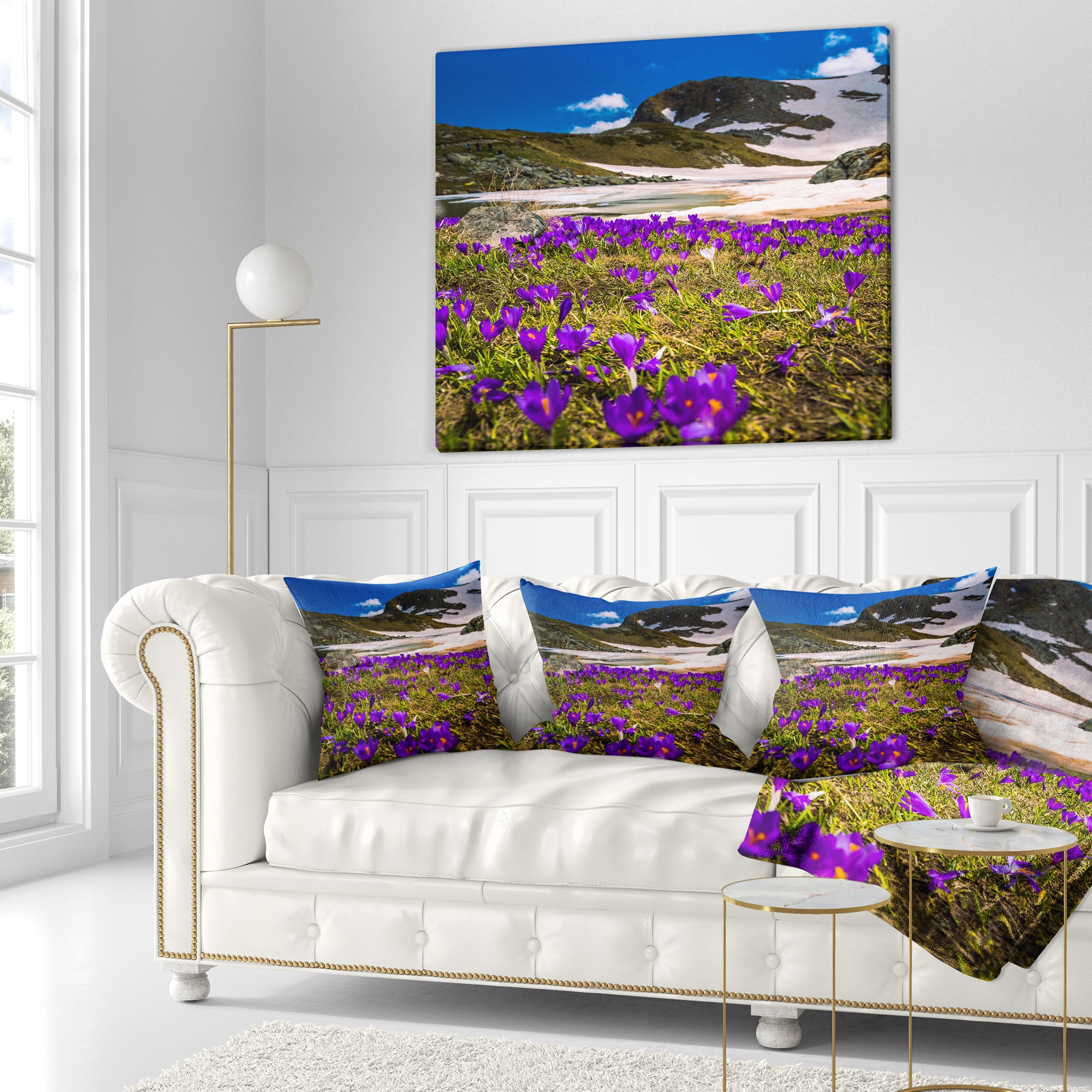 Designart Blooming Crocus Flowers in Rila Mountains - Landscape Printed Throw Pillow - 18x18