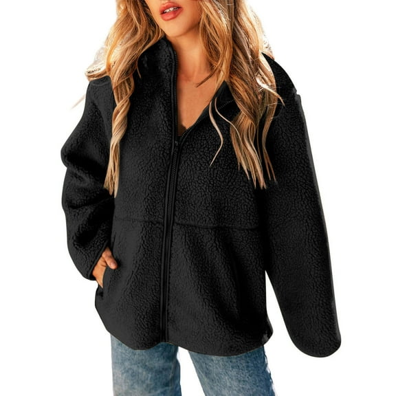 Lovskoo Winter Coats for Women Fuzzy Fleece Jackets Solid Zip Up Coats Long Sleeve Fuzzy Stand Collar Jacket Outerwear with Pockets Black
