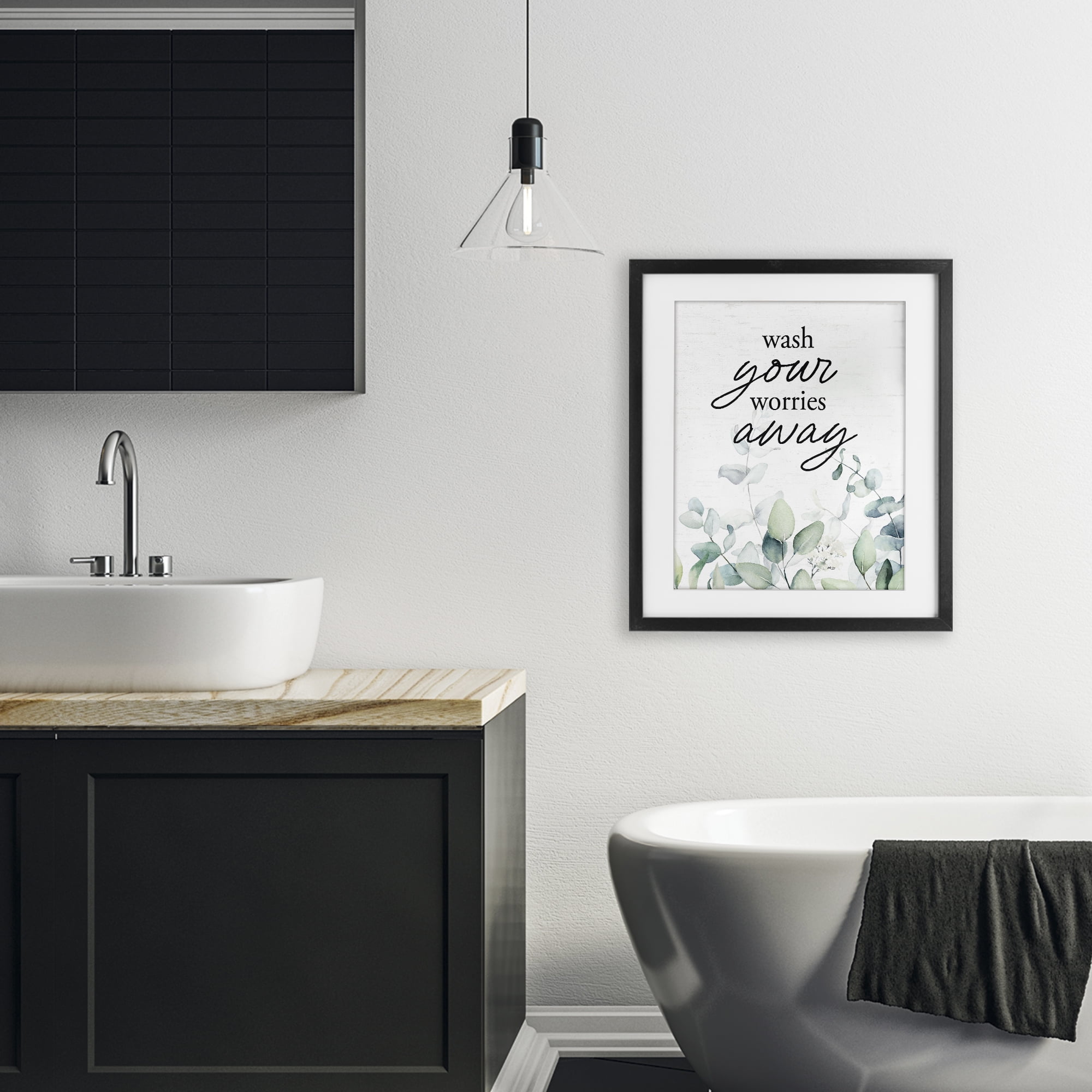 Wash Worries Away Herb Leaves Black Framed Print Under Glass, design by Lettered and Lined