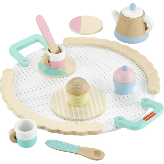 Fisher-Price Wooden Tea Party Set for Preschool Pretend Play, 12 Wood Pieces, Ages 3-5 Years