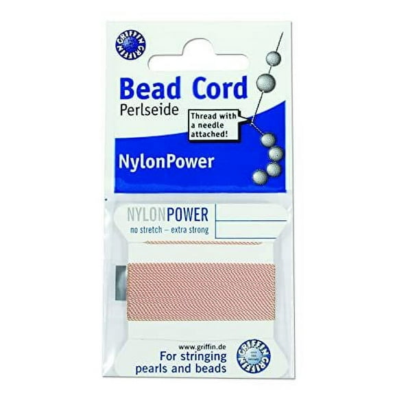 Griffin Nylon Bead Cord Perlseide – Light Pink Color – Size 16 (1.05mm) – 2 Meters per Card – Stainless Steel Needle Attached – for Knotting Pearls, Gemstones, Crystals and Beads