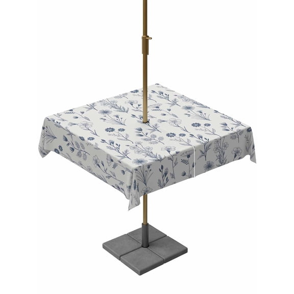 Outdoor Tablecloth with Umbrella Hole for Patio/Picnic/Party/Camping, Navy Blue Flowers Waterproof Table Cloth Square Cover Washable, Spring Summer Farmhouse Botanical (60"x 60")